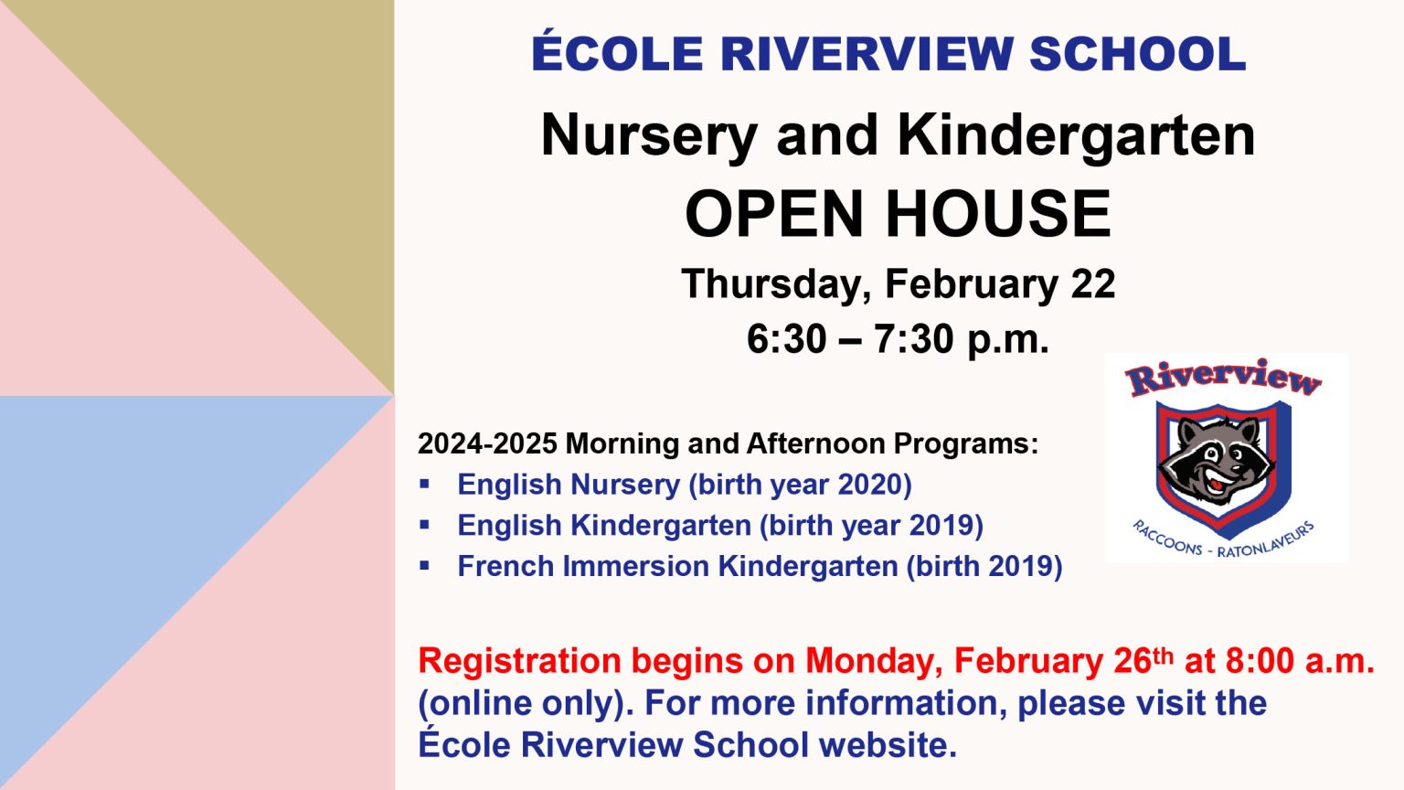 Feb. 22: Nursery and Kindergarten Open House - Riverview Community Centre