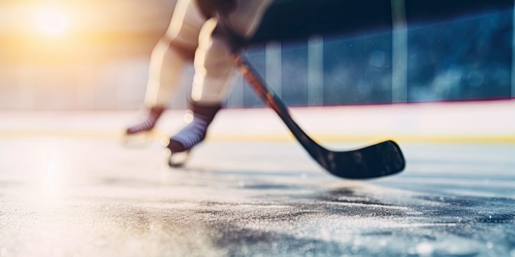 close-up of hockey skates and hockey stick on rink